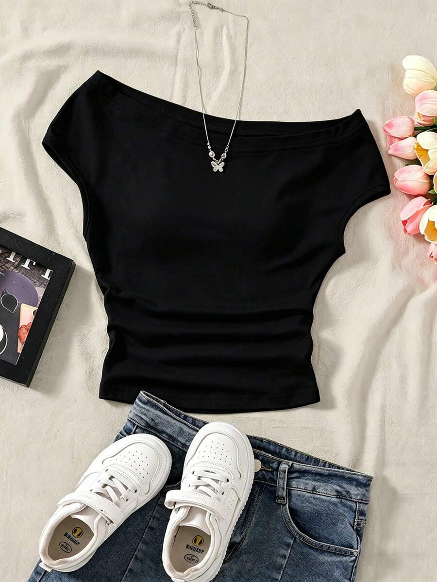 SHEIN 黑色夏季休閒女童青少年不對稱肩T恤,修身顯身材無袖上衣,柔軟彈性針織面料,優雅 - 黑色 - 查看 1