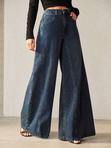 Anewsta Women's Spring/Summer Fashion Patchwork Blue Mother's Day Wide Leg Jeans - Blue - View 5