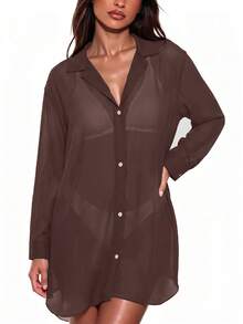 Oceva Blus Lengan Panjang Kasual Pantai Musim Panas untuk Wanita, Warna Polos, Kimono Kerah Terbuka untuk Liburan Pantai - Coklat - View 3