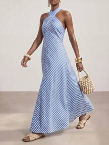 Zivah New Summer Casual Vacation Blue And White Striped Cross-Strap A-Line Loose Women Long Dress, Suitable For Everyday Wear, Vacations, Music Festivals, Travel, Beaches, Party, Airport Outfits, Brunch Outfits, Boho , Nomadic,Casual ,Commuting-A - Blue and White - View 6