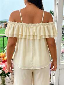 Modelyn Plus Size Summer Casual Elegant Solid Color Off-Shoulder Ruffle Strap Blouse Party Wedding Guest White - Apricot - View 2