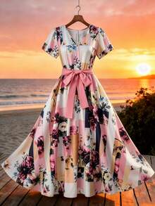 GlowEve CURVE Plus Size Ditsy Floral Dress For Women, Summer V-Neck Cinched Waist Mid-Length Dress, Elegant Slimming Vacation Style Wedding Guest White - Multicolor - View 1