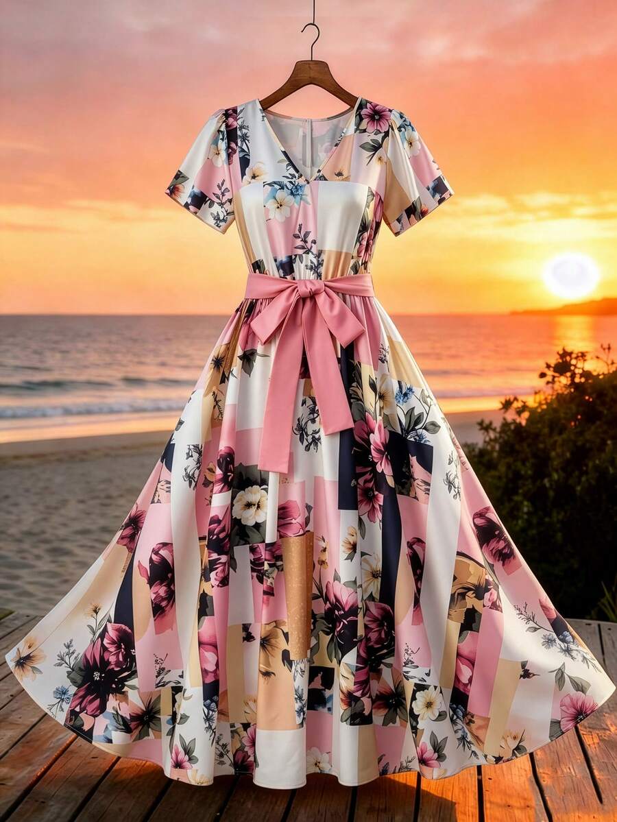 GlowEve CURVE Plus Size Ditsy Floral Dress For Women, Summer V-Neck Cinched Waist Mid-Length Dress, Elegant Slimming Vacation Style Wedding Guest White - Multicolor - View 1