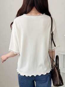 FRIFUL Women's Wavy Frill Trim Striped Loose Colorblock Edge Short Sleeve T-Shirt Summer Top - Beige - View 4