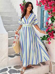 Vionelle Vestido de Talla Grande Estilo Vacacional con Rayas Coloridas, Cuello en V y Cintura Ceñida - Azul - Ver 4
