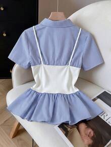 GlowEve Camisa de moda 2 en 1 para mujer con bloques de color, rayas, manga corta, volantes y botones delanteros, adecuada para primavera/verano, vacaciones, casual, ir al trabajo, uso diario versátil - Blanco - Ver 2