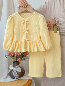 SHEIN Playful Pals 女嬰幼童新生兒 0-3 歲秋冬百搭日常淡黃色蝴蝶結長袖上衣 + 長褲套裝 - 黃色 - 查看 3