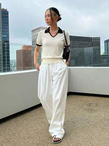 DAZY 條紋POLO領短袖休閒春夏女款針織上衣 - 白色 - 查看 5