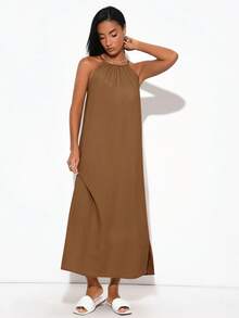 SHEIN BASICS 女款編織掛脖側開衩洋裝 - 棕色 - 查看 3