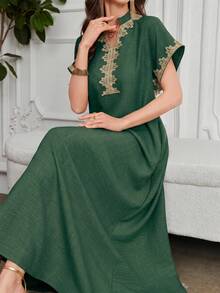 Al Najma Embroidered Collar Flower Shoulder Sleeve Small Stand Collar Elegant Dress - Dark Green - View 6