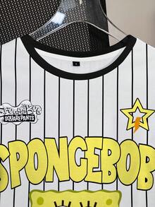 SpongeBob SquarePants | SHEIN 女款卡通圖案條紋短袖圓領T恤 - 白色 - 查看 4