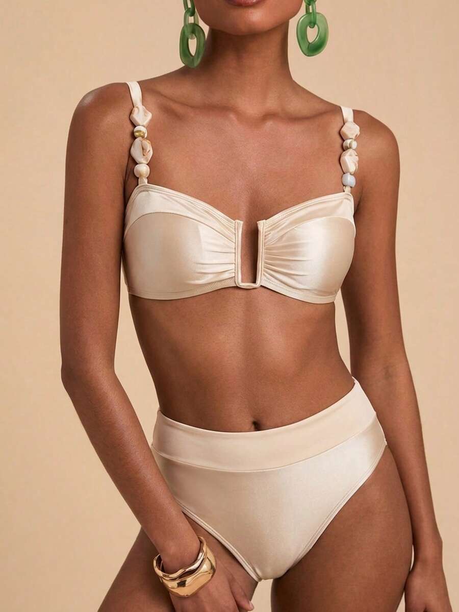 Travachic Summerbeach 女款百褶細肩帶上衣與下身比基尼套裝 - 白色 - 查看 1
