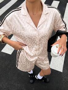 Muchica 女士春夏黑色豹纹提花宽松衬衫短裤套装，适合户外穿着，街头风衬衫短裤套装 - 杏色 - 查看 5