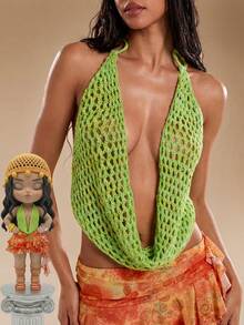 ROMWE Y2K Top de punto con escote halter y espalda descubierta, sexy para vacaciones de primavera/verano - Verde - Ver 1