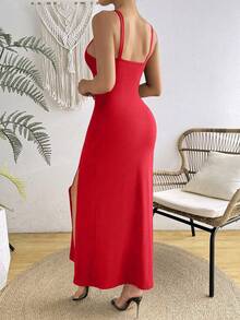 SHEIN Women's Solid Color Deep V-Neck Metal Buckle Zipper Split Fitted Dress Suitable For Parties And Holidays - Red - View 2