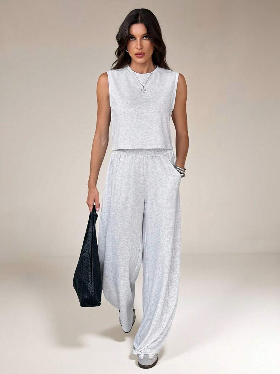 SHEIN Tall Bộ đồ nữ gồm áo vest dệt kim màu xám cotton và quần ống rộng, trang phục thường ngày cho kỳ nghỉ xuân, trang phục đi chơi cho nữ. - Xám - Xem 1