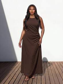 Truni Plus Size Backless Sleeveless Ruffled Flared Waist Mini Dress – Stylish Casual Elegant Summer Party Vacation Outfit Brown - Brown - View 3