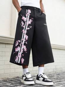 PAVTROS Men's Black Summer Streetwear 3/4 Pants,Cherry Blossom & English Text Print Y2K Skateboarding City Break Flower Girl Casual Skateboard Gift Pants - Black - View 7