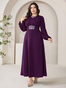 Veilorie Plus Size Elegant Party Rhinestone Decorated Dress Fall - Purple - View 7