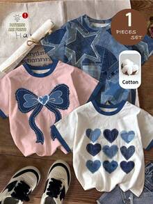 SHEIN Young Girl Knitted Heart Pattern Crew Neck Casual T-Shirt - White - View 3