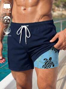 Manfinity Swimmode 男士2件組夏季海灘度假風抽繩腰海龜與海星印花二合一沙灘短褲 - 藍色 - 查看 5
