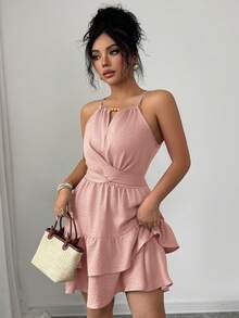 Elenzga Elegant Beaded Halter Tie Shoulder Ruffle Hem Plus Size Dress - Pink - View 4