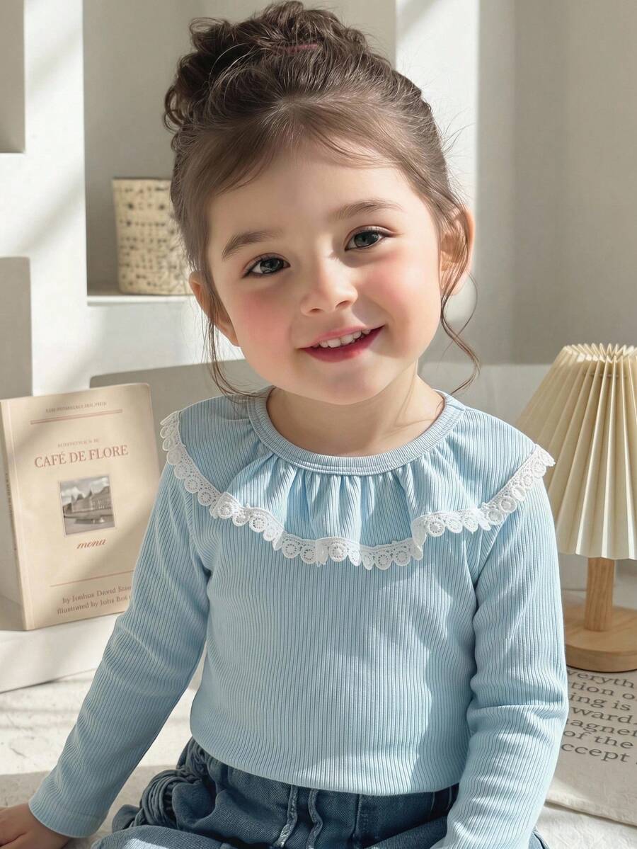 Souflis Souflis 女婴幼儿0-3岁休闲百搭简约甜美白色纯色弹力罗纹针织长袖T恤，优雅荷叶领套头衫，适合所有季节