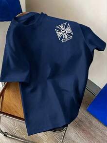 Resyla Kaos Kasual Longgar Pria Ukuran Besar dengan Cetakan Huruf - Navy Blue - View 2