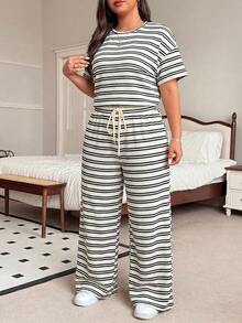 SHEIN EZwear 大尺碼女款條紋短袖上衣與寬腿長褲休閒套裝 - 彩色 - 查看 6