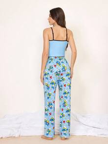 SHEIN X The Smurfs Bộ đồ ngủ nữ áo hai dây camisole in hoạt hình và quần dài - Màu xanh lam - Xem 2