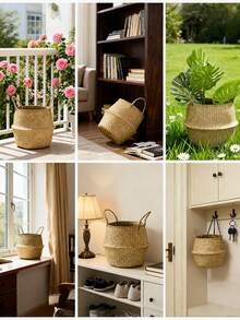 1PC Seagrass Wicker Rattan Hanging Planter Storage Basket Flower Pot Cover Woven Straw Storage Bin For Farmhouse Garden Home Decor Living Room Bedroom Organization Shelving Tabletop Accessory - Multicolor - View 6