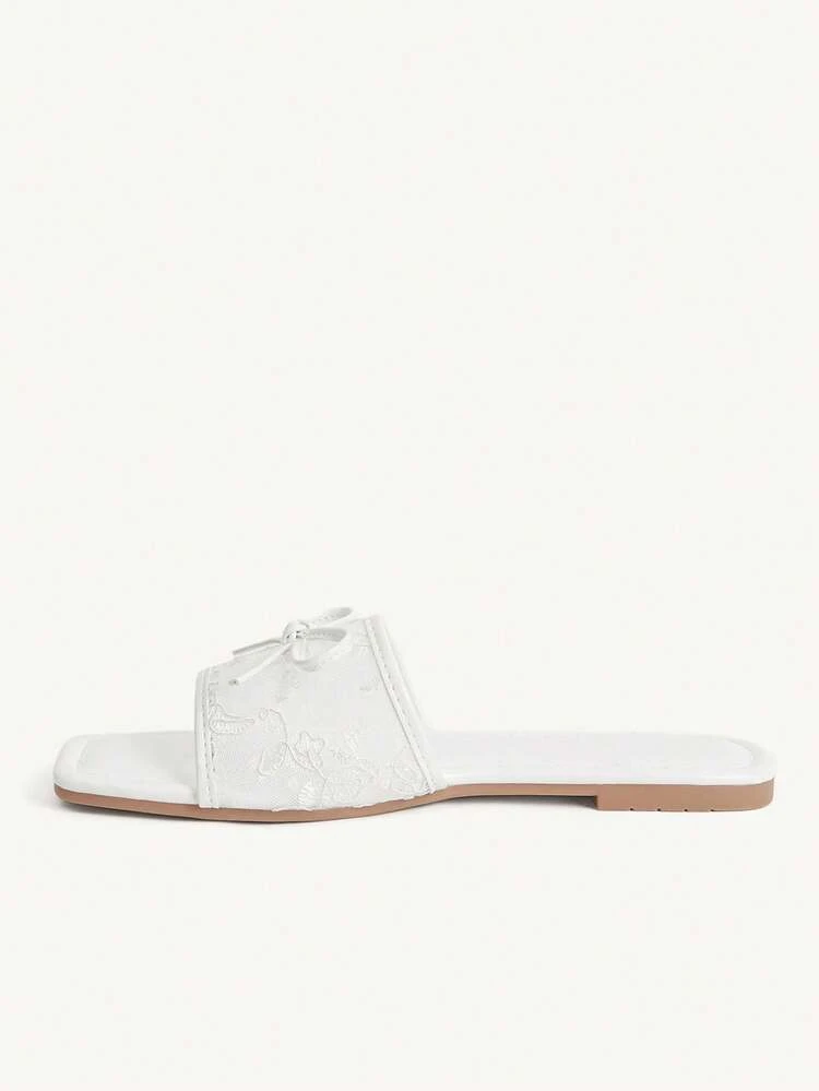 CUCCOO CHICEST White Square Head Lace Bow Sandals, Mesh Yarn, Daily Commuting Versatile One-Word Drag