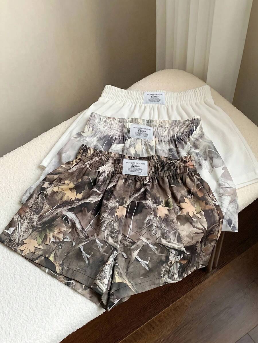 Comfortcana 大尺碼 3 件組 素色 & 樹枝印花短褲，簡約百搭舒適休閒短褲 - 彩色 - 查看 1