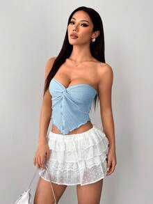 SHEIN PETITE 女款鵝黃色針織紋理抹胸上衣，前中打結開衩波浪邊修身款，適合下午茶、街頭、度假、秋冬穿著，可內搭或外穿，派對穿搭，適合嬌小女性 - 淺藍色 - 查看 7