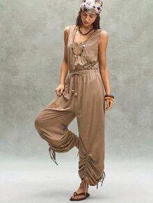 Bohemela Women's Summer Casual Boho Solid Knit Jumpsuit Ruched Detail Vacation Beach Festival Everyday Khaki - Khaki - View 3