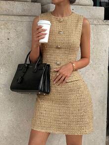 Siren Gaze Women's Rhinestone Button Decor Elegant French Waist-Cinched Sleeveless Mini Dress For Vacation And Party Office Brunch Daytime Golden Yellow Autumn - Gold - View 7
