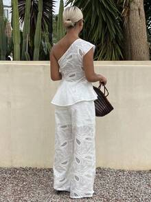 Livesso Women's Asymmetric Neckline Waist-Cinched A-Line Hollow Embroidery Top And Loose Long Pants 2 Pieces Set, Vacation Style Summer - White - View 2