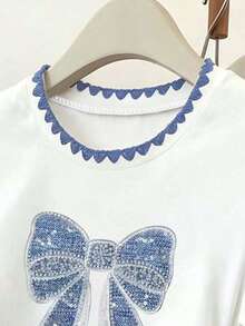 Tween Girl Classic Blue & White Contrast Color Shell Embroidery, Faux Pearl Bow Print Round Neck Short Sleeve Ruched Waist Casual Comfortable Fitted Tee, Suitable For Spring/Summer Daily, Home, Holiday, Festival, Spring Vibes, Summer Vibes - Multicolor - View 4