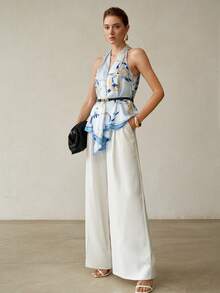 MOTF PREMIUM SPRING/SUMMER ELEGANT SILK SCARF PRINT BELTED HALTER TOP - Multicolor - View 5