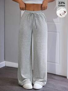 SHEIN PETITE Quần nỉ nữ ống rộng, màu trơn, thoải mái và năng động. - Xám - Xem 8