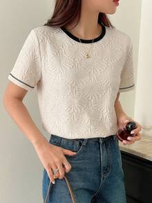 DAZY Color Block Texture Round Neck Loose Short Sleeve Women T-Shirt Summer - Apricot - View 13