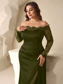 Coutiva Vestido de Noche Formal Talla Grande con Hombros Descubiertos (Diseño Intrincado) - Verde militar - Ver 3