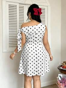 Elenzga Plus Size Women's Asymmetrical Shoulder Tie Waist Elegant Outing Dress - Black and White - View 6