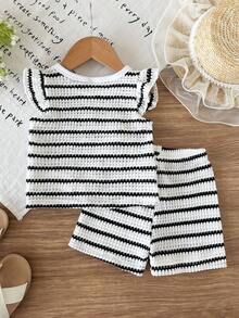 SHEIN Infant/Toddler (Girl) Striped Pattern Bow Decor Flutter Sleeve T-Shirt And Shorts Set - Black and White - View 2