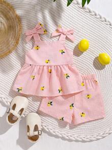 SHEIN Playful Pals 2件組女嬰幼兒/新生兒0-3歲春夏季休閒日常可愛度假條紋蝴蝶結裝飾可愛黃色檸檬圖案吊帶背心上衣+短褲套裝 - 粉色 - 查看 1