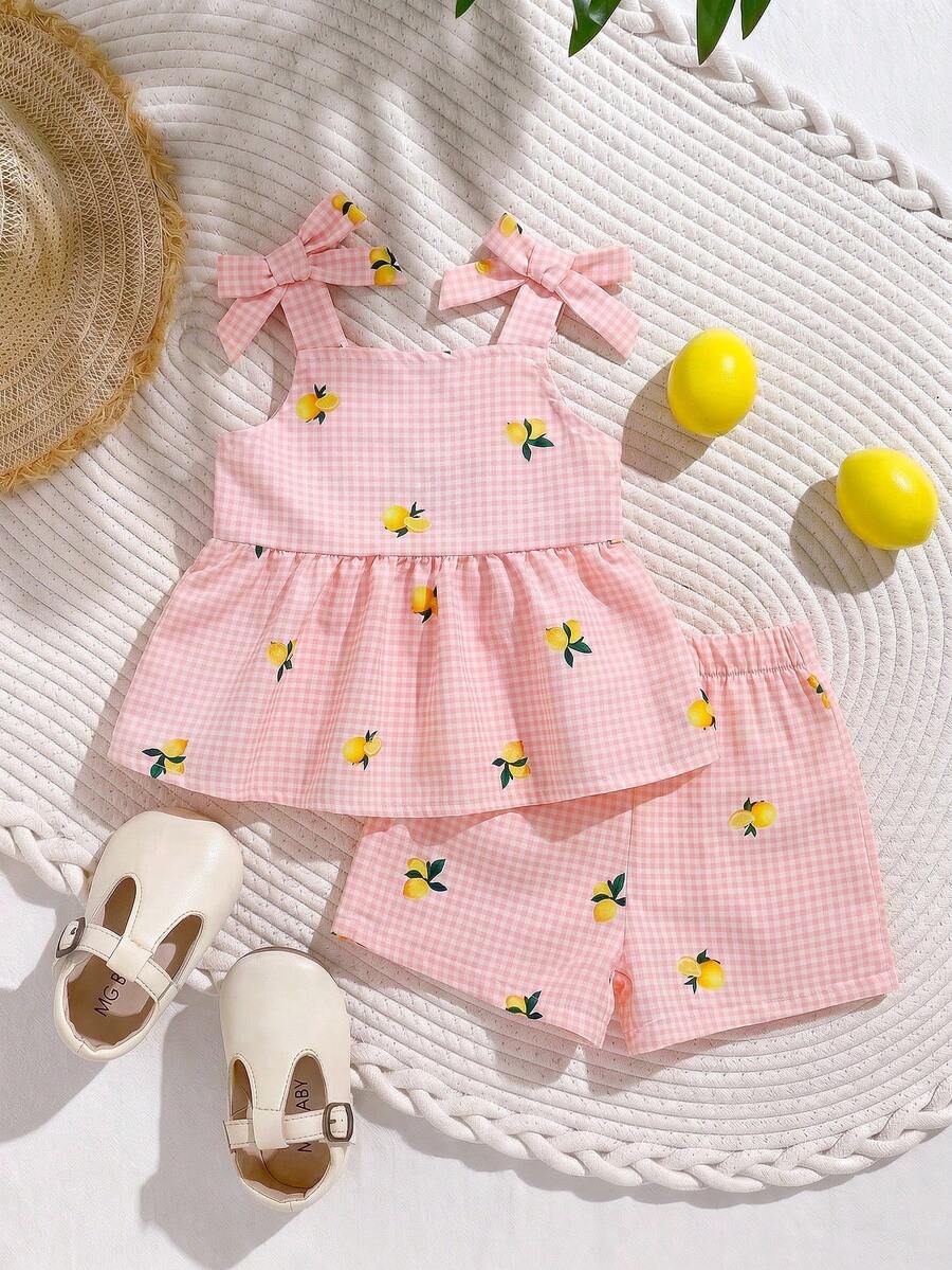 SHEIN Playful Pals 2件組女嬰幼兒/新生兒0-3歲春夏季休閒日常可愛度假條紋蝴蝶結裝飾可愛黃色檸檬圖案吊帶背心上衣+短褲套裝 - 粉色 - 查看 1