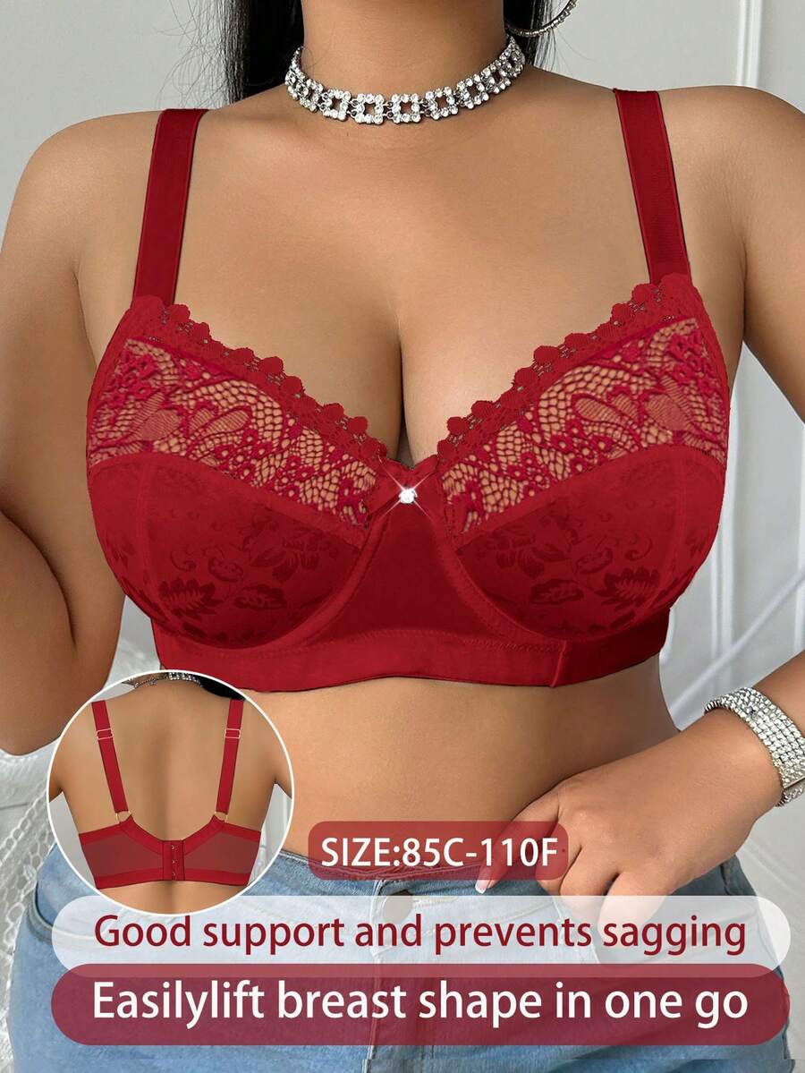 DesireSculpt Plus Size Lace Patchwork Underwire Bustier 1 Piece - Red - View 1