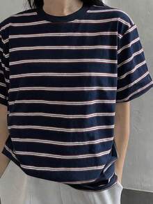 DAZY Summer Casual Striped Crew Neck Short Sleeve T-Shirt Graphic Tee - Royal Blue - View 3