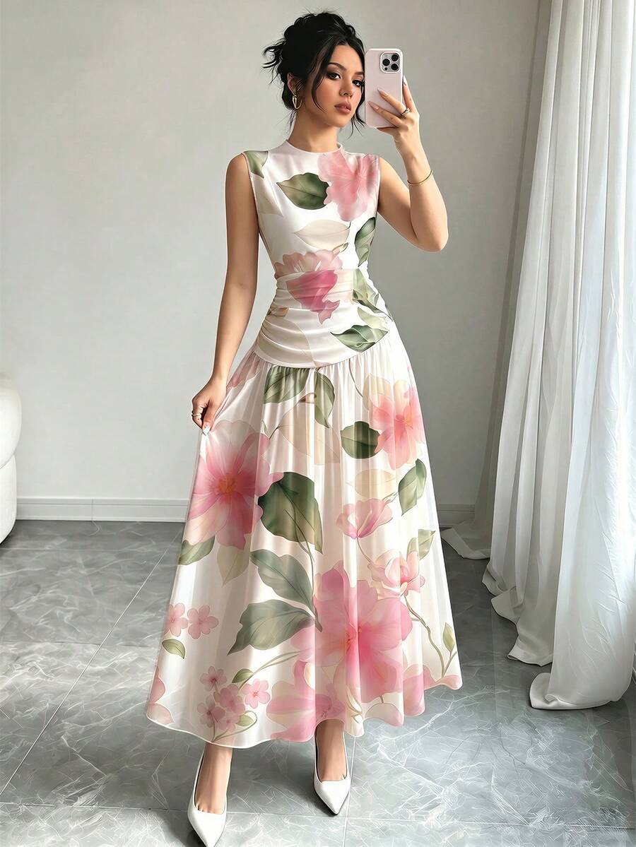 Modelyn 粉色花卉印花法式無袖長洋裝，女款時尚低腰收腰長裙，抓皺腰部設計，白色雪紡花卉洋裝，夏季度假穿搭，優雅日常穿著 - 彩色 - 查看 1