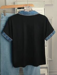 GlowEve Women's Contrast Faux Denim Collar Casual T-Shirt, Loose Fit Short Sleeve Top With Faux Denim Trim, Black Faux Denim Patchwork Polo Tee, Comfortable Daily & Streetwear, New Summer Casual Wear, Relaxed Fit Color Block V-Neck Blouse, Faux Denim Collar Top For Everyday Wear - Multicolor - View 2